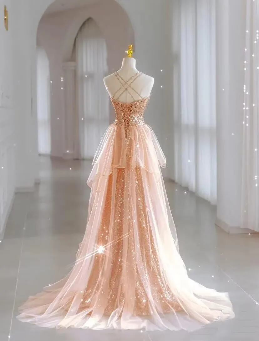 YUAOHUANG Sparkly Sequin Formal Dress for Women Spaghetti Strap Tulle Prom Dresses for Teens with Slit Long Train