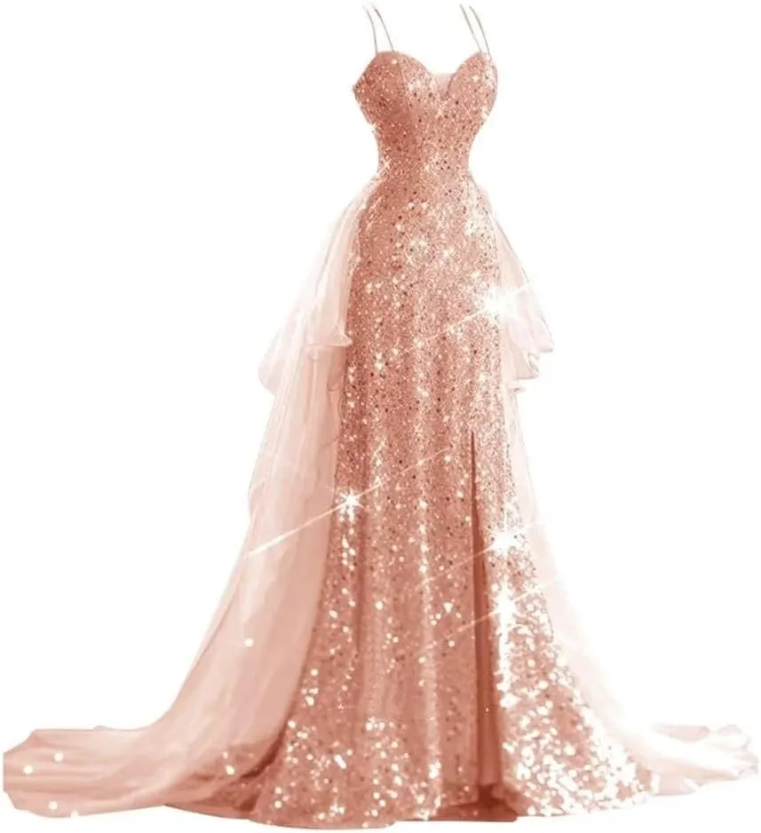YUAOHUANG Sparkly Sequin Formal Dress for Women Spaghetti Strap Tulle Prom Dresses for Teens with Slit Long Train