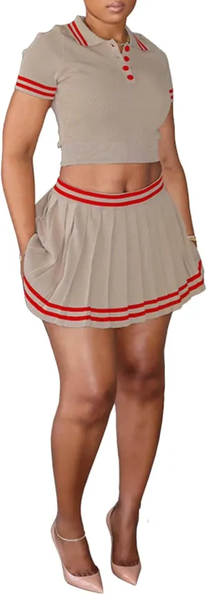 Yuopeid Sexy 2 Piece Mini Club Skirt Set for Women Casual V Neck Button Polo Crop Top and Pleated Party Skirt Set