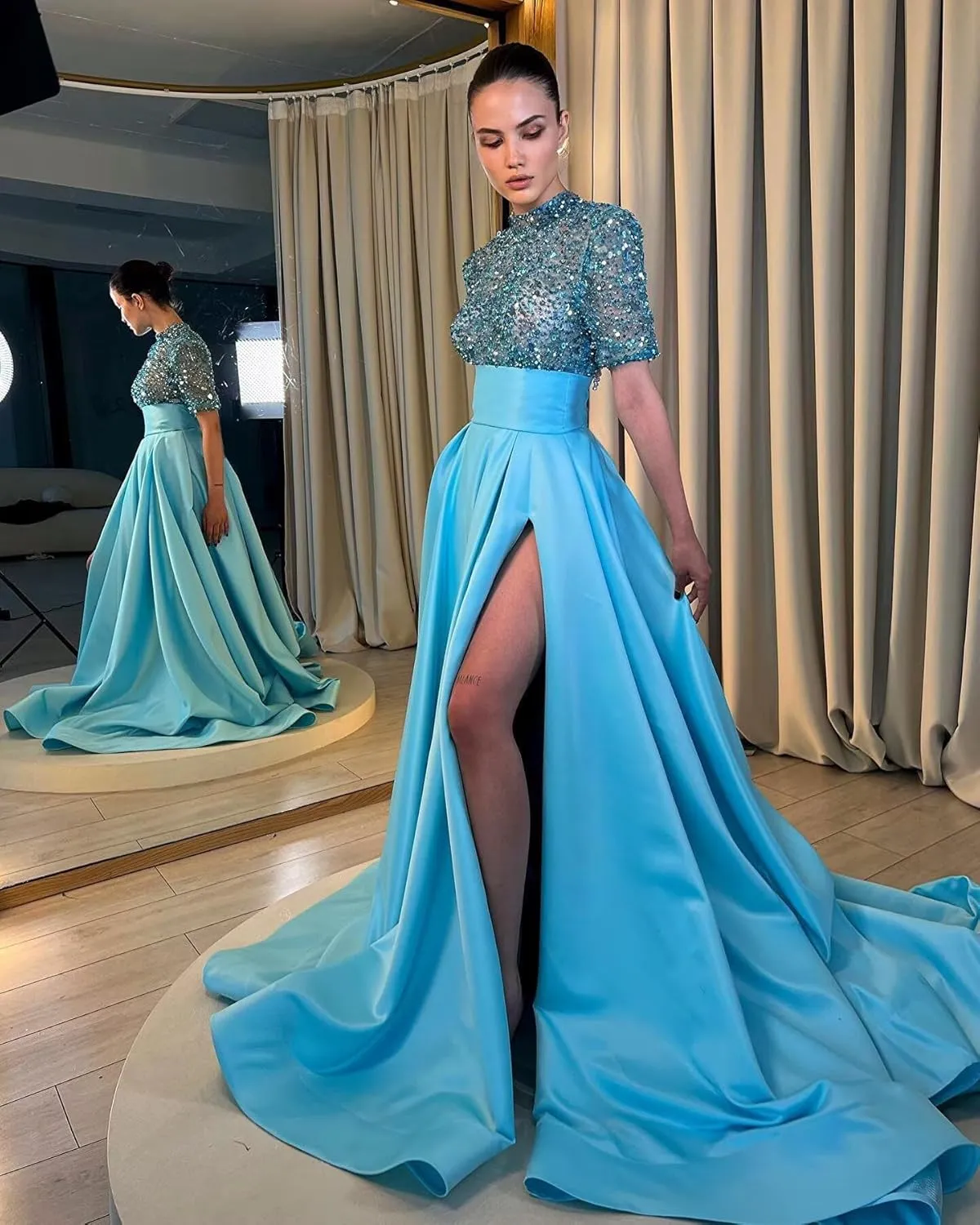 Yuxin Sparkly Sequin Prom Dresses Long Ball Gown High Neck Half Sleeve Satin Formal Evening Gowns with Slit 828