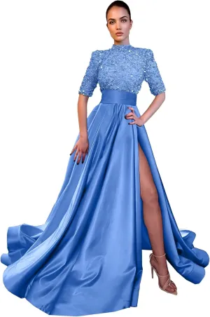 Yuxin Sparkly Sequin Prom Dresses Long Ball Gown High Neck Half Sleeve Satin Formal Evening Gowns with Slit 828