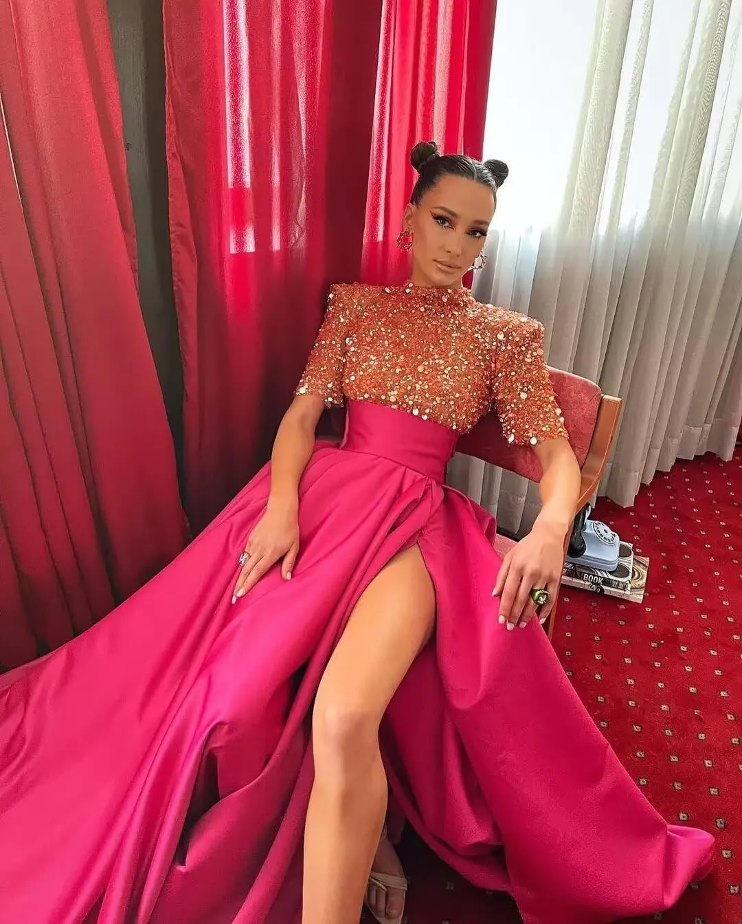 Yuxin Sparkly Sequin Prom Dresses Long Ball Gown High Neck Half Sleeve Satin Formal Evening Gowns with Slit 828
