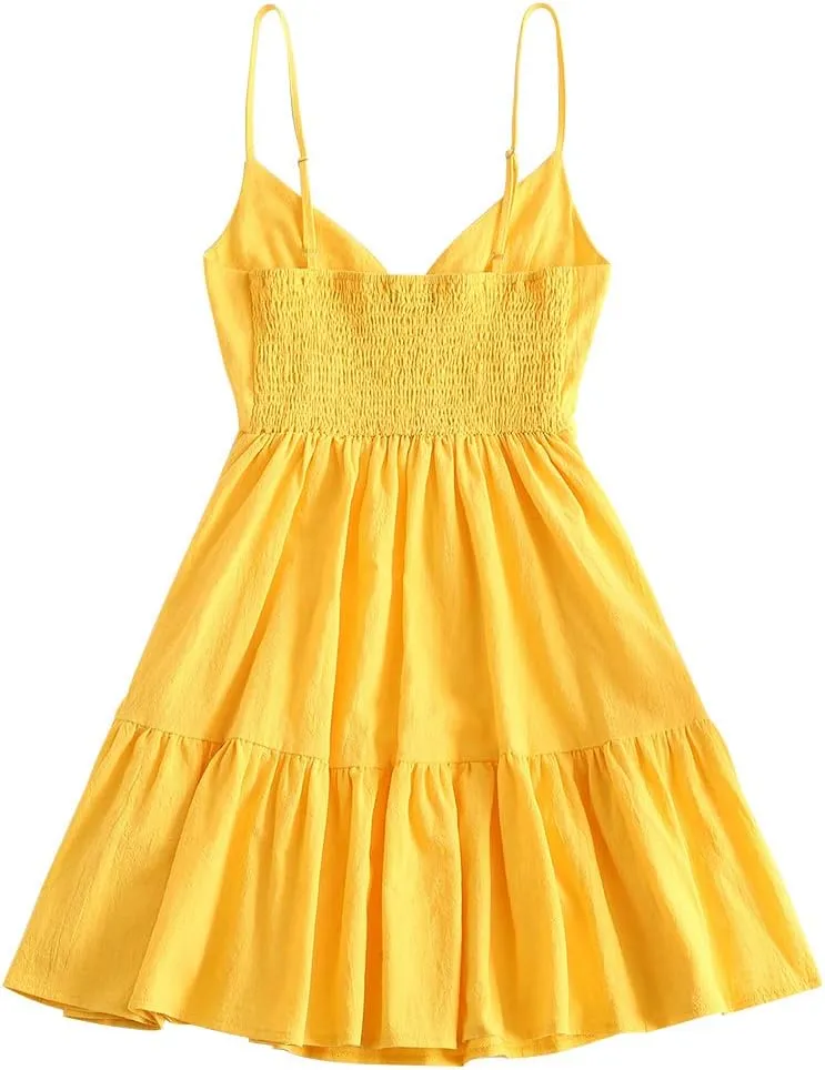 ZAFUL Women's Casual V Neck Summer Mini Dress Spaghetti Strap A-Line Short Dresses Backless Solid Color Sundress