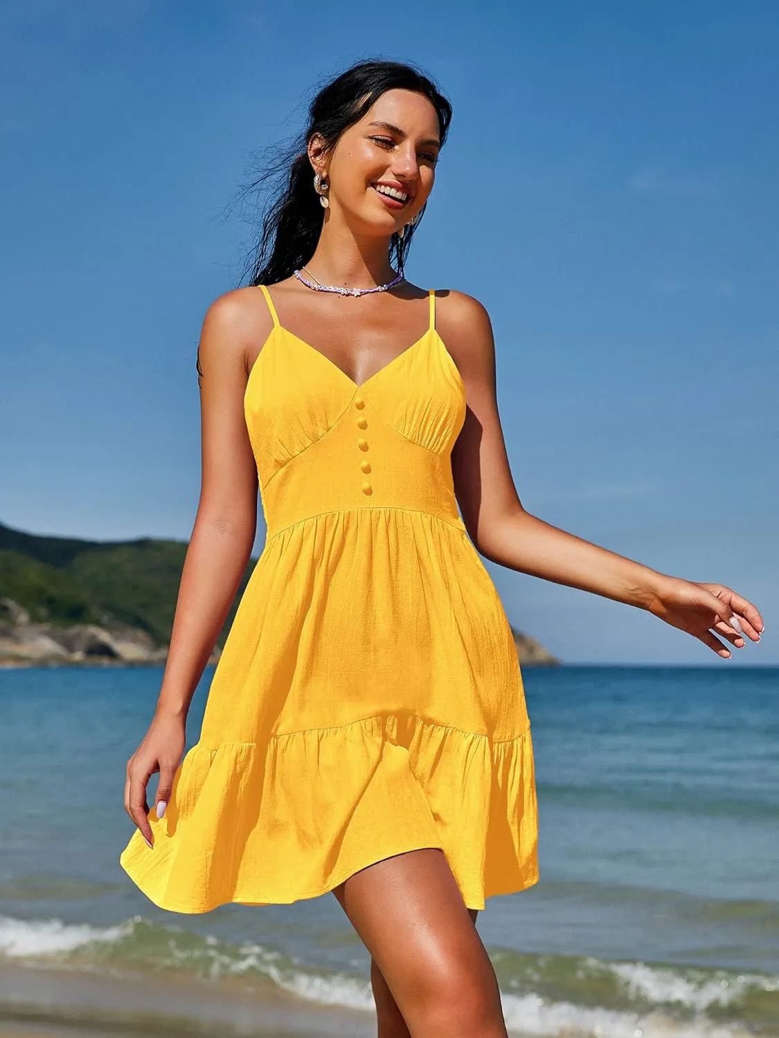 ZAFUL Women's Casual V Neck Summer Mini Dress Spaghetti Strap A-Line Short Dresses Backless Solid Color Sundress