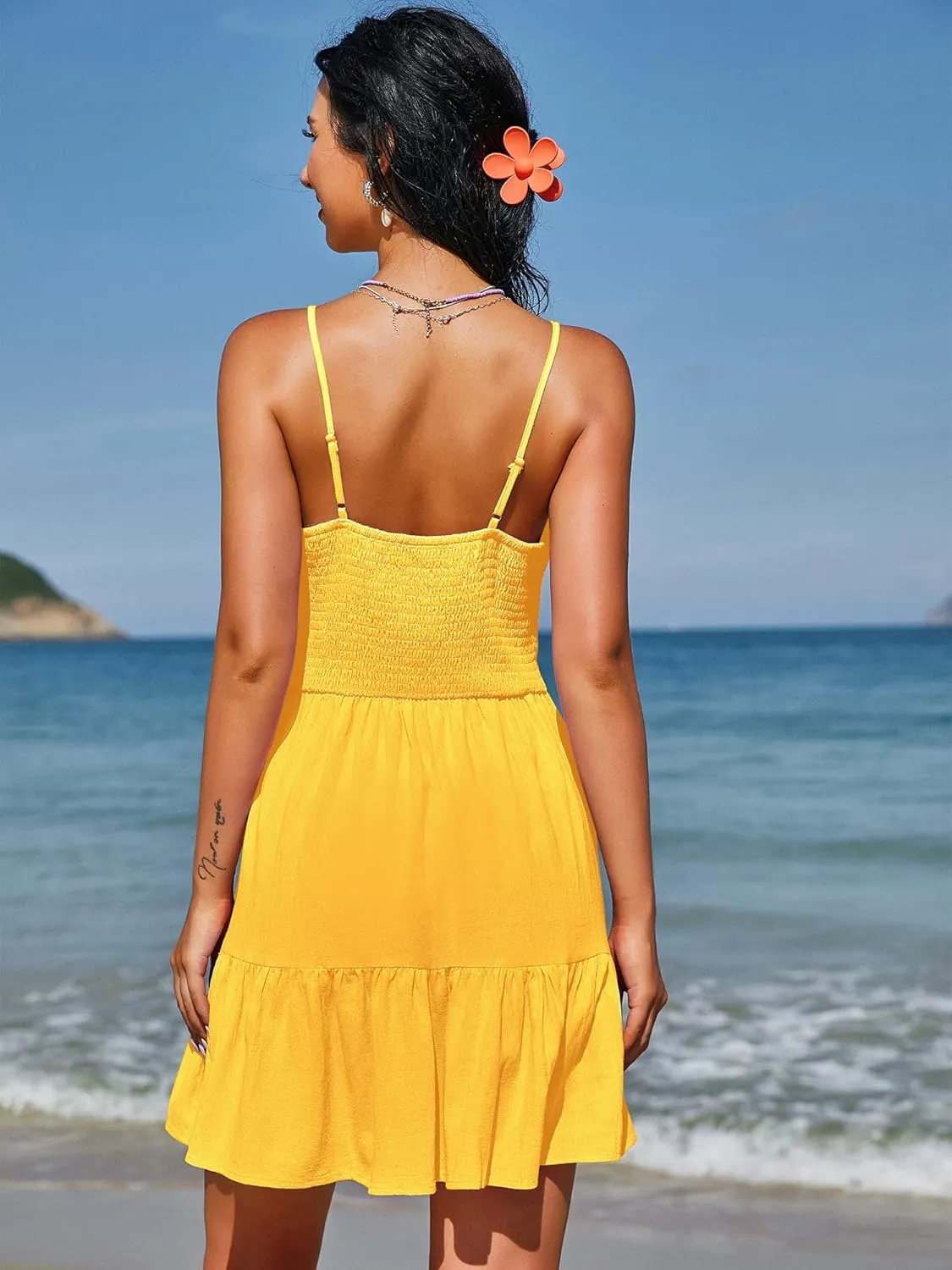 ZAFUL Women's Casual V Neck Summer Mini Dress Spaghetti Strap A-Line Short Dresses Backless Solid Color Sundress