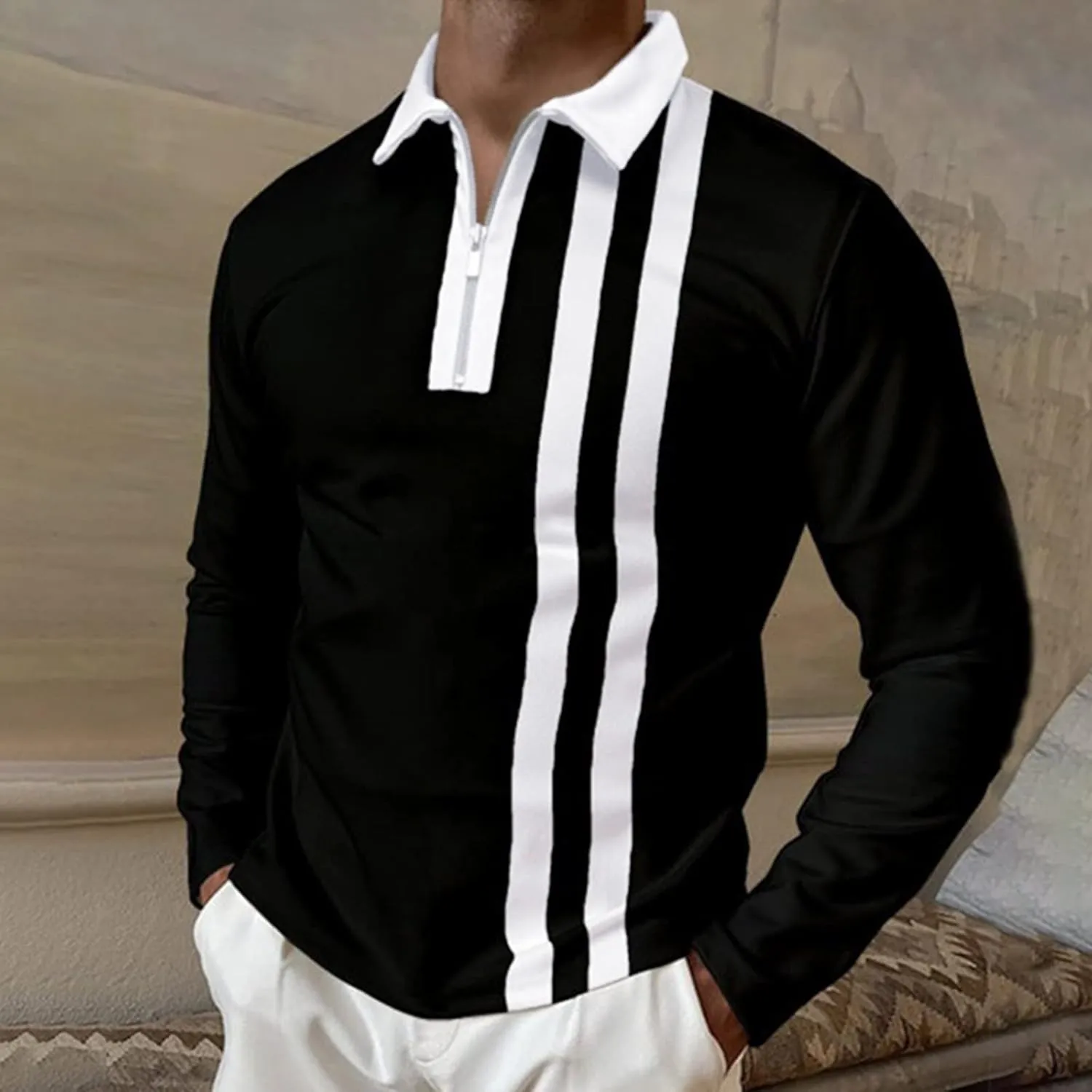 ZYXTIM Men's Long Sleeve Polo Shirts with Collar Casual Waffle Knit Zipper Up Colorblock/Stripe Lapel Sports Golf Work Tops