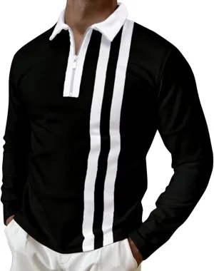 ZYXTIM Men's Long Sleeve Polo Shirts with Collar Casual Waffle Knit Zipper Up Colorblock/Stripe Lapel Sports Golf Work Tops